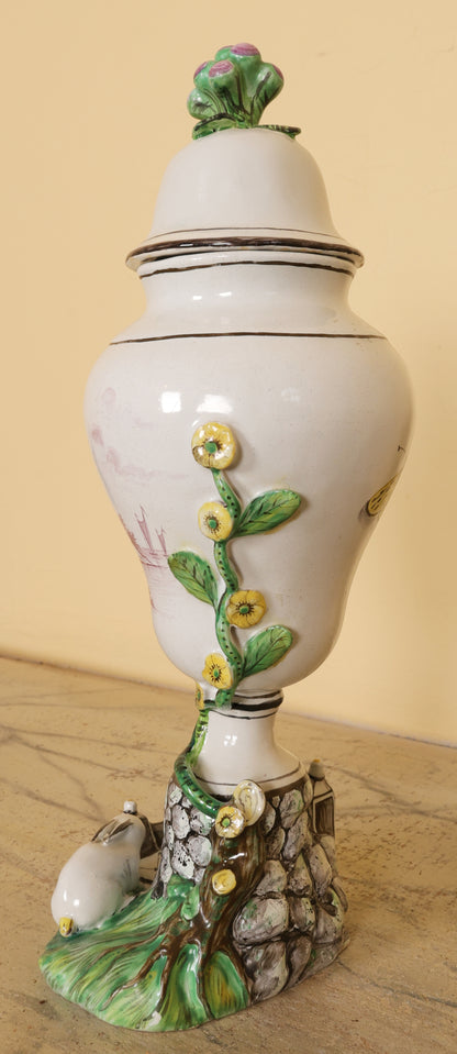 18th Century Faience Vase with a Rabbit and a yellow flower rising from the ground
