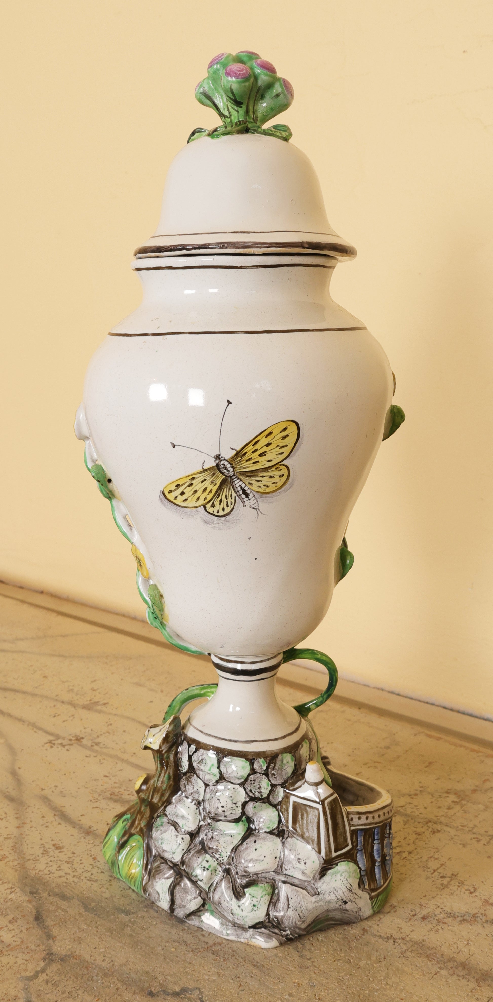 18th Century Faience Vase rotated showing a yellow butterfly