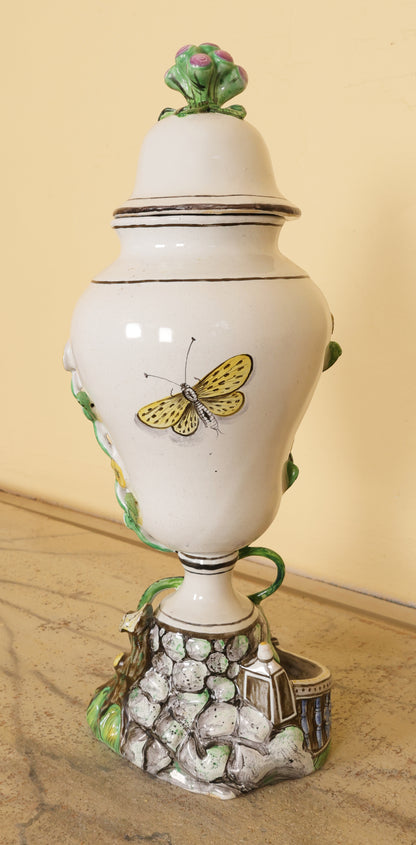 18th Century Faience Vase rotated showing a yellow butterfly
