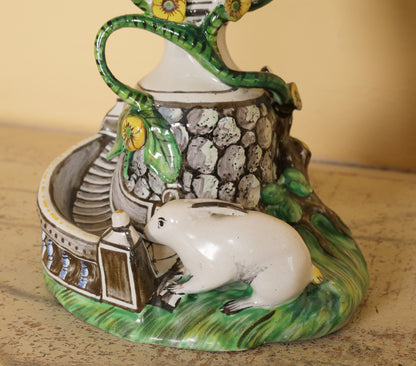 18th Century Faience Vase with a Rabbit next to a staircase